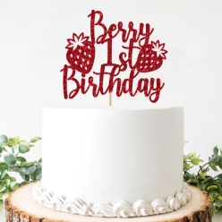 Strawberry Berry 1st Birthday Glittering Cake Pick